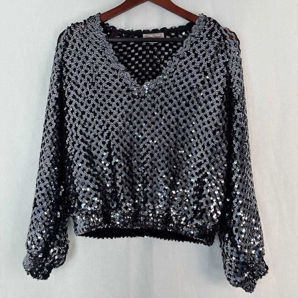 Vintage Three Flags Silver Sequin‎ Knit Cropped Sweater w Balloon Sleeves Glam